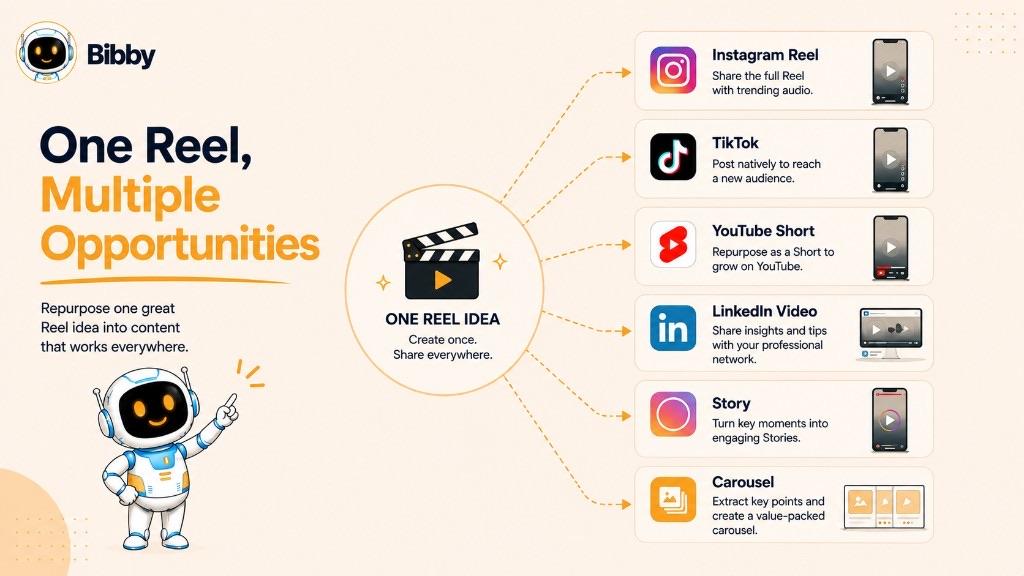 Diagram titled One Reel, Multiple Opportunities showing a single Reel idea branching into an Instagram Reel, a TikTok video, a YouTube Short, a LinkedIn video, an Instagram Story, and a carousel post.