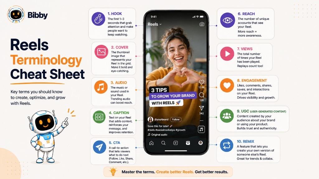 Cheat sheet infographic labelling ten Reels terms around a phone screen: hook, cover, audio, caption, call to action, reach, views, engagement, user-generated content, and remix.