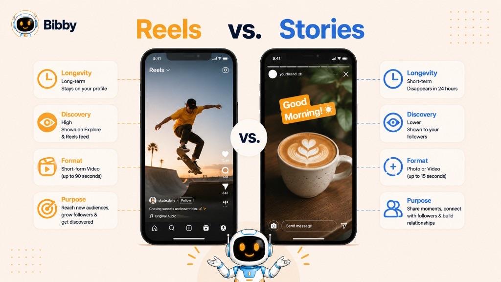 Comparison graphic showing a Reel phone screen labeled long-term with high discovery for reaching new audiences beside a Story phone screen labeled short-term, disappearing in 24 hours, shown to followers and used to share moments and build relationships.