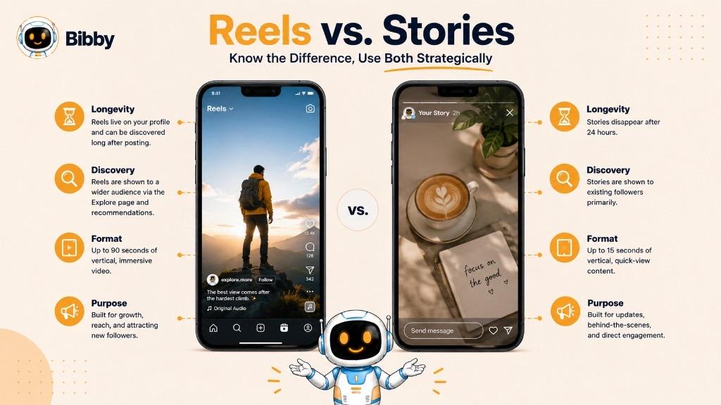 Side-by-side infographic comparing Reels and Stories on four attributes: longevity, where Reels stay on the profile and Stories disappear after 24 hours; discovery, where Reels can reach a wider audience and Stories are shown mainly to followers; format, both vertical video at different lengths; and purpose, growth for Reels versus updates and direct engagement for Stories. Durations shown are examples.