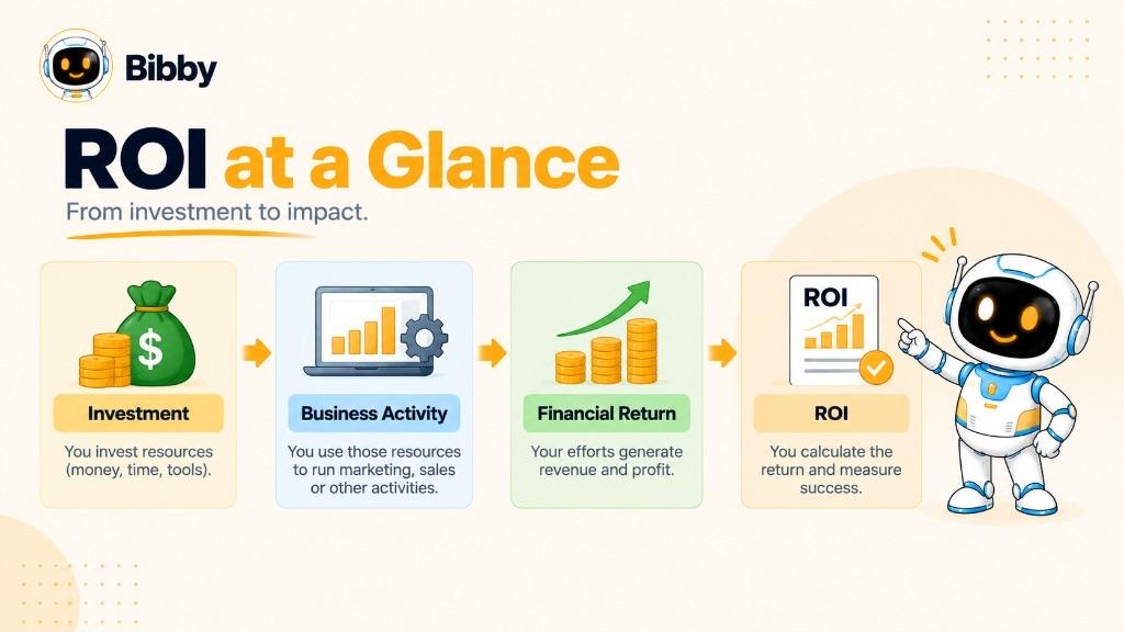 Four-step infographic titled ROI at a Glance showing investment of resources, business activity, financial return, then calculating ROI to measure success.