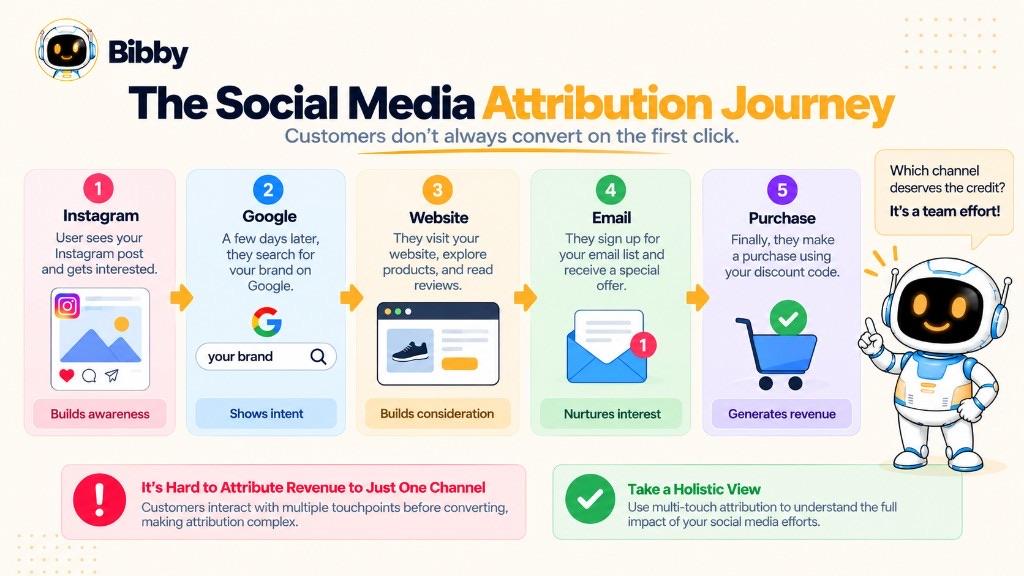 Five-step journey titled The Social Media Attribution Journey: Instagram awareness, a later Google search, a website visit, an email offer, then a purchase, with a note that credit is often a team effort across channels.