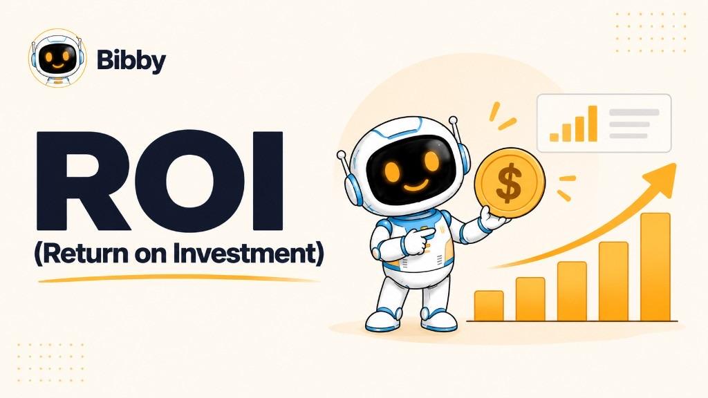 Bibby robot holding a gold coin beside a rising orange bar chart and the title ROI (Return on Investment). Illustration of financial return, not a Bibby analytics dashboard.