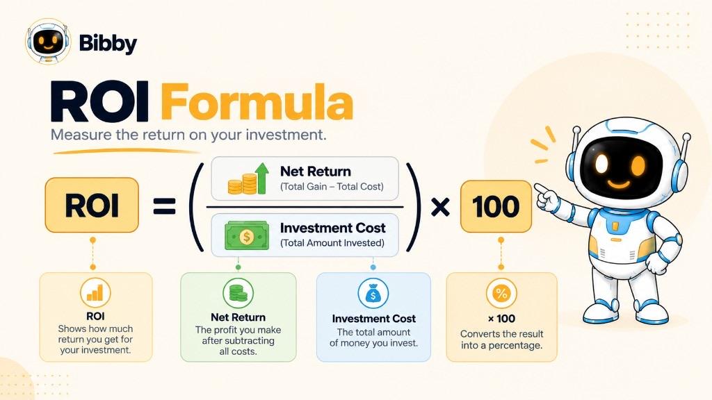 Infographic titled ROI Formula showing ROI equals net return divided by investment cost times 100, with callouts defining ROI, net return as total gain minus total cost, investment cost, and the times-100 percentage conversion.