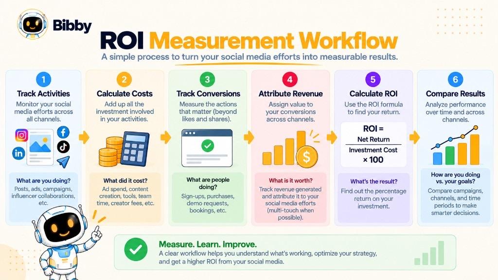Six-step infographic titled ROI Measurement Workflow: track activities, calculate costs, track conversions, attribute revenue, calculate ROI, then compare results over time and across channels.