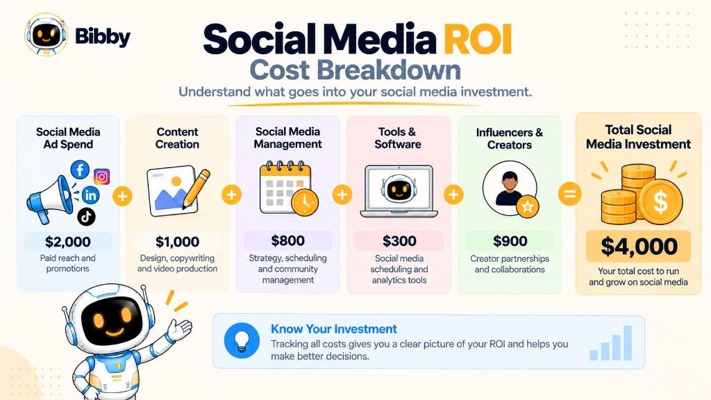 Infographic titled Social Media ROI Cost Breakdown listing example costs for ads, content creation, management, tools, and creator partnerships that add up to a total social media investment.