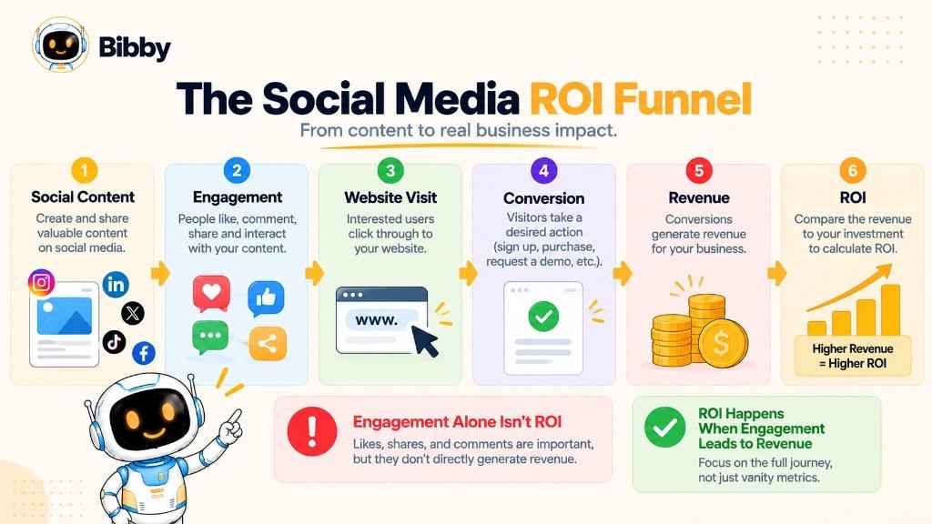 Six-step funnel titled The Social Media ROI Funnel from social content and engagement through website visit, conversion, and revenue to ROI, with a note that likes and shares are not ROI by themselves.