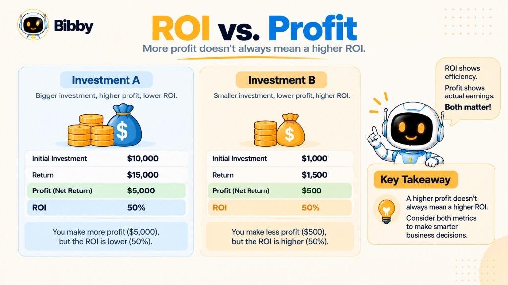 Comparison titled ROI vs. Profit showing a larger investment with more absolute profit beside a smaller investment, with the takeaway that ROI measures efficiency and profit measures earnings.
