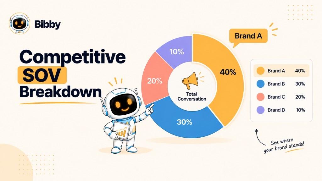 Donut chart titled Competitive SOV Breakdown showing Brand A 40%, Brand B 30%, Brand C 20%, and Brand D 10% of total conversation.