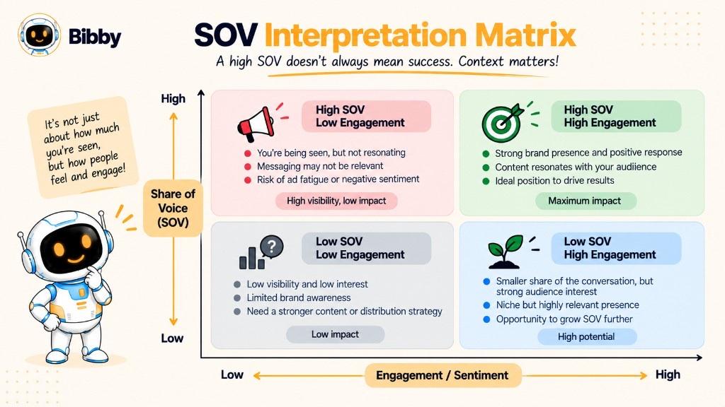 2×2 matrix titled SOV Interpretation Matrix plotting high or low Share of Voice against high or low engagement and sentiment.