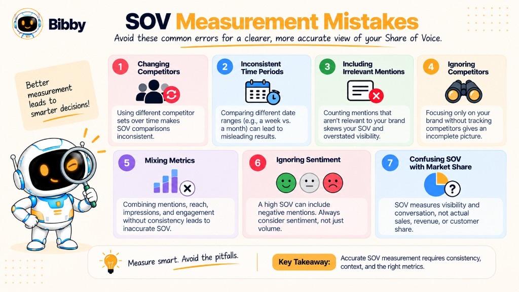 Seven-item infographic titled SOV Measurement Mistakes: changing competitors, inconsistent periods, irrelevant mentions, ignoring rivals, mixing metrics, ignoring sentiment, and confusing SOV with market share.