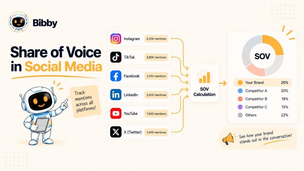 Infographic titled Share of Voice in Social Media: sample mention counts from Instagram, TikTok, Facebook, LinkedIn, YouTube, and X flowing into an SOV breakdown of 25%, 20%, 18%, 15%, and 22%.