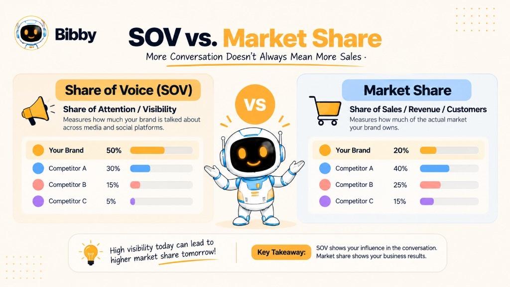 Side-by-side infographic titled SOV vs. Market Share: 50% conversation share on the left versus 20% market share on the right for the same brand.