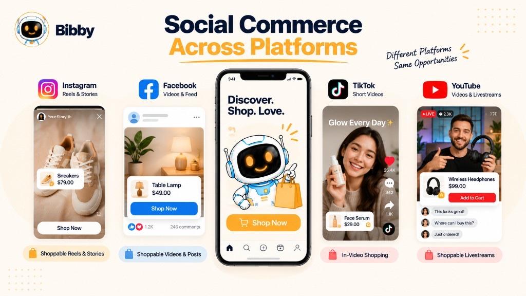 Infographic titled Social Commerce Across Platforms: Instagram shoppable Reels and Stories, Facebook shoppable posts, TikTok in-video shopping, and YouTube shoppable livestreams around a Shop Now phone. Sample prices are illustrations; features and eligibility vary by market.