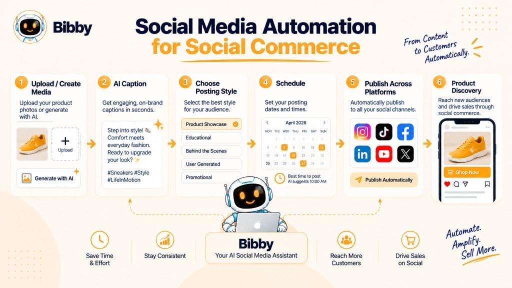 Six-step infographic of uploading a sneaker image, generating a caption, choosing a posting style, scheduling, publishing, and a Shop Now post. Illustration of a content workflow. Bibby publishes to Facebook, Instagram, LinkedIn, YouTube, and TikTok—not every icon shown—and does not add Shop Now or guarantee sales.