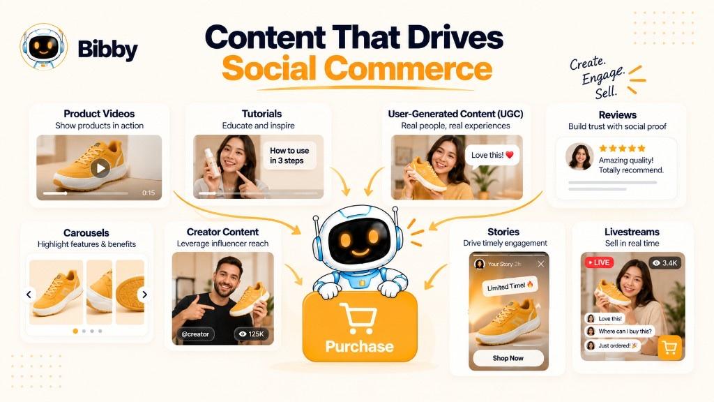 Infographic titled Content That Drives Social Commerce: product videos, tutorials, UGC, reviews, carousels, creator content, Stories, and livestreams pointing to a Purchase button. Sample sneaker creatives and Shop Now are illustrations—not Bibby checkout.