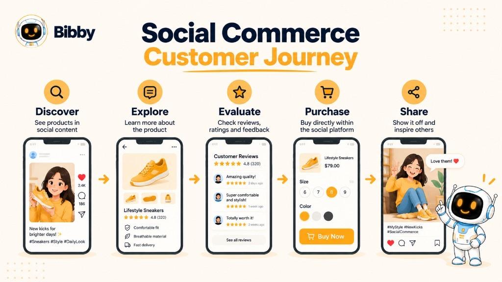 Five-phone infographic of the social commerce customer journey: discover a sneaker post, explore product details, evaluate reviews, purchase, then share a photo. Sample $79 checkout and ratings are illustrations—not a Bibby shopping flow.