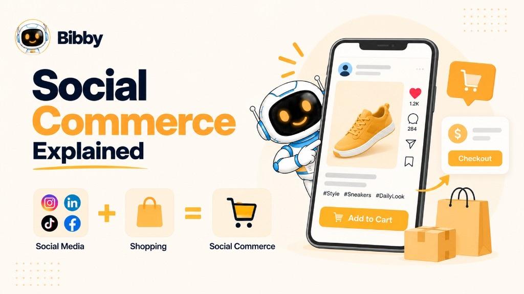 Infographic titled Social Commerce Explained: social media icons plus a shopping bag equals a cart, beside a phone showing a yellow sneaker post with Add to Cart. Illustration of the concept—not a Bibby storefront or checkout.