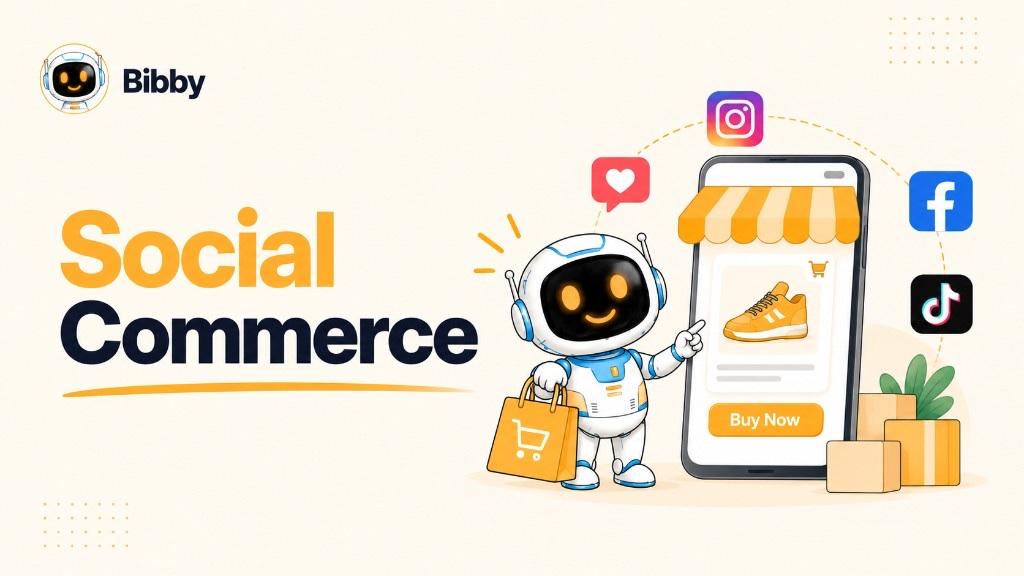 Bibby robot holding a shopping bag and pointing at a phone styled as a storefront with a sneaker, Buy Now button, delivery boxes, and Instagram, Facebook, and TikTok icons. Illustration of social shopping—not a Bibby catalog, checkout, or sales dashboard.