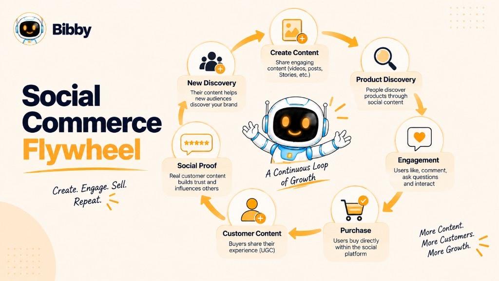 Infographic titled Social Commerce Flywheel: create content, product discovery, engagement, purchase, customer content, social proof, and new discovery around the Bibby robot. The loop is a concept diagram—not a Bibby sales or analytics product.