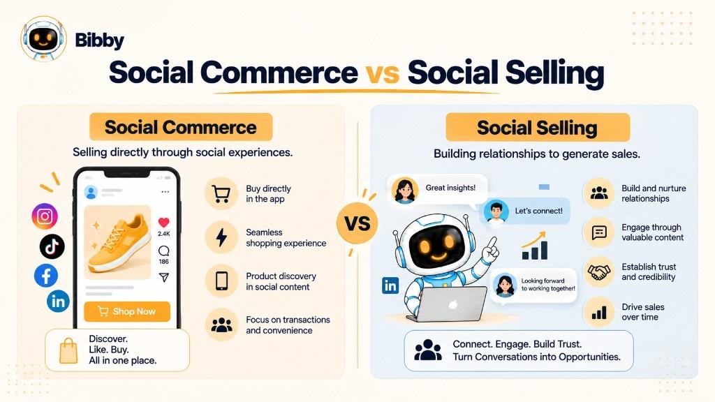 Side-by-side infographic: social commerce as buying from a shoppable sneaker post versus social selling as relationship-building on LinkedIn with comments like Let’s connect. Illustration of the distinction—not Bibby CRM or checkout.