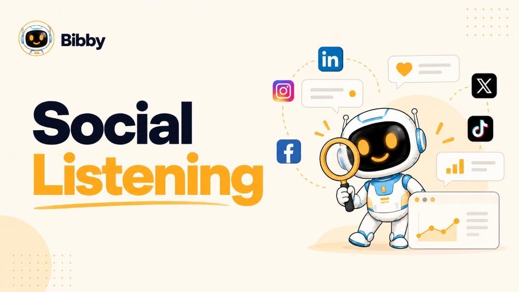 Bibby robot holding a magnifying glass over a chart window, surrounded by Facebook, Instagram, LinkedIn, TikTok, and X icons plus speech bubbles. Illustration of listening and analysis—not a Bibby mention or sentiment dashboard.