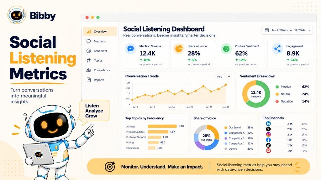 Infographic titled Social Listening Metrics: a mock dashboard for January 2026 with mention volume, share of voice, sentiment, conversation trends, topics, and top channels including LinkedIn and X.