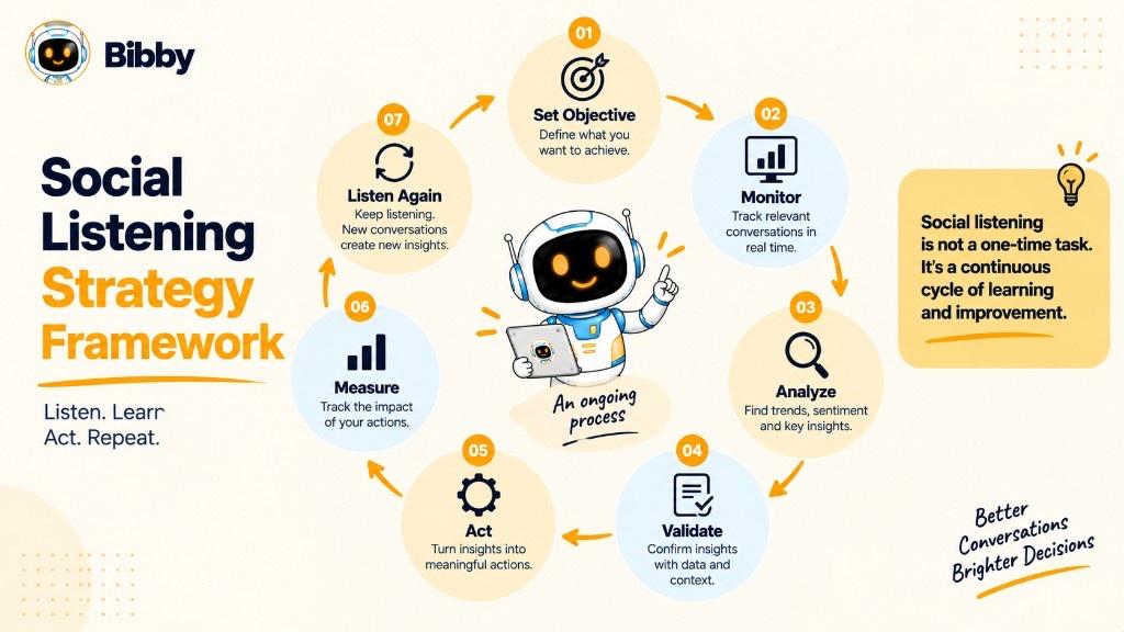 Infographic titled Social Listening Strategy Framework: a seven-step cycle—set objective, monitor, analyze, validate, act, measure, and listen again—around a robot holding a tablet labeled An ongoing process.