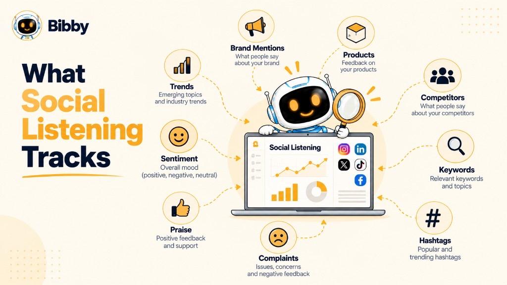 Infographic titled What Social Listening Tracks: a laptop dashboard and robot with a magnifying glass, surrounded by trends, brand mentions, products, competitors, keywords, hashtags, complaints, praise, and sentiment, plus Instagram, LinkedIn, X, TikTok, and Facebook icons.