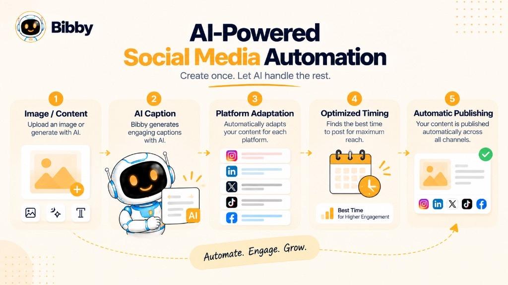 Infographic titled AI-Powered Social Media Automation: five steps—image or content, AI caption, platform adaptation, optimized timing, and automatic publishing—ending on Instagram, LinkedIn, X, TikTok, and Facebook.