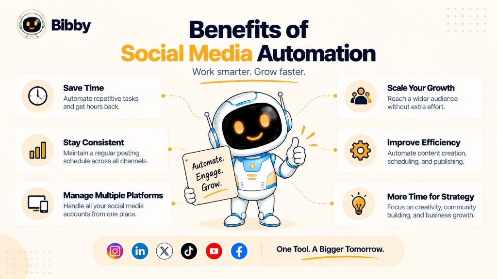Infographic titled Benefits of Social Media Automation: a robot holding a sign that says Automate. Engage. Grow., with cards for save time, stay consistent, manage multiple platforms, scale growth, improve efficiency, and more time for strategy.