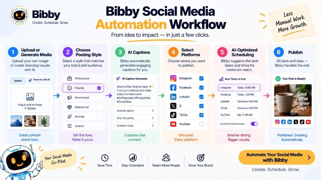 Infographic titled Bibby Social Media Automation Workflow: six steps—upload or generate media, choose posting style, AI captions, select platforms, AI-optimized scheduling, and publish.