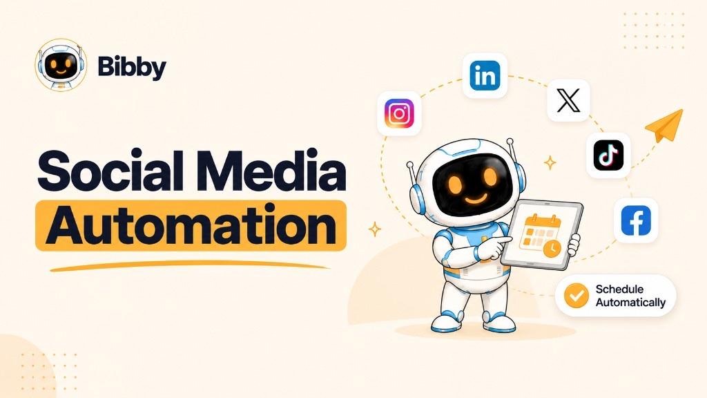 Bibby robot holding a tablet calendar, pointing at Instagram, LinkedIn, X, TikTok, and Facebook icons, with a Schedule Automatically label. Illustration of multi-platform scheduling—not a reach guarantee or X publishing in Bibby.