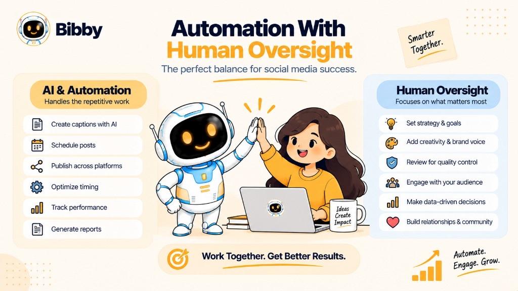 Infographic titled Automation With Human Oversight: a robot and a person high-five; AI handles captions, scheduling, publishing, timing, tracking, and reports while humans set strategy, review quality, and engage the audience.