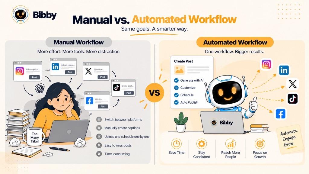 Infographic titled Manual vs Automated Workflow: a person switching among many platform windows versus a robot scheduling once and connecting Instagram, LinkedIn, X, TikTok, and Facebook.