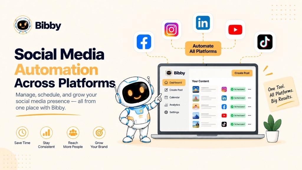 Infographic titled Social Media Automation Across Platforms: a robot pointing at a laptop listing scheduled rows for Instagram, LinkedIn, Facebook, YouTube, and TikTok, with Facebook, Instagram, LinkedIn, X, YouTube, and TikTok icons above.