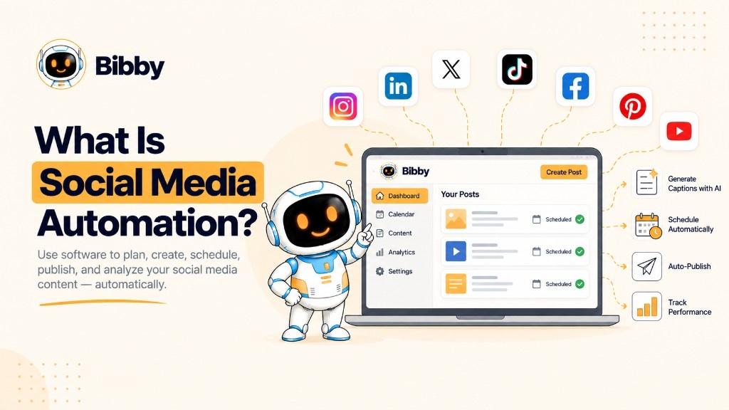 Infographic titled What Is Social Media Automation?: a robot next to a laptop labeled Create Post, with connected Instagram, LinkedIn, X, TikTok, Facebook, Pinterest, and YouTube icons, plus caption, schedule, publish, and track cards.