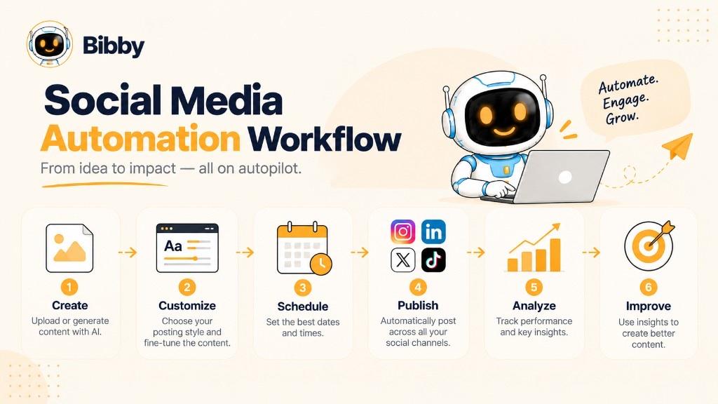 Infographic titled Social Media Automation Workflow: six steps—create, customize, schedule, publish, analyze, and improve—with a robot at a laptop.
