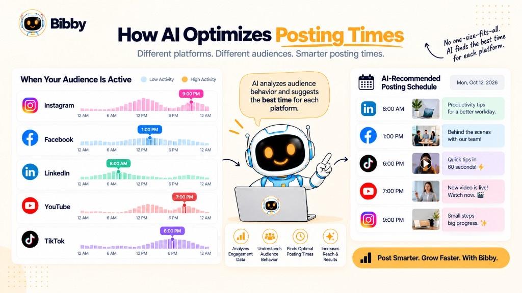 Infographic titled How AI Optimizes Posting Times: sample activity charts for Instagram, Facebook, LinkedIn, YouTube, and TikTok beside an AI-recommended schedule with example times.