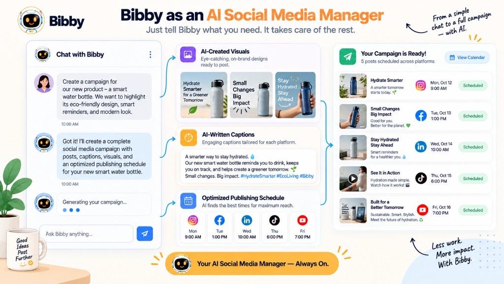 Infographic titled Bibby as an AI Social Media Manager: chat creating a campaign, AI visuals and captions, an optimized schedule, and a calendar of posts for Instagram, Facebook, LinkedIn, TikTok, and YouTube.