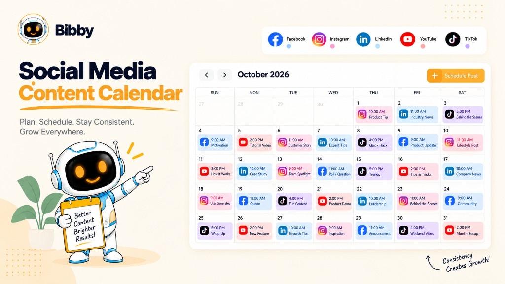 Infographic titled Social Media Content Calendar: an October 2026 month grid with sample Facebook, Instagram, LinkedIn, YouTube, and TikTok posts, plus a robot holding a sign that says Better Content Brighter Results.