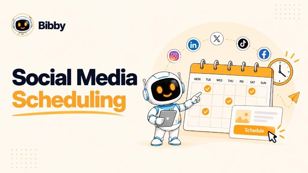 Bibby robot pointing at a weekly calendar of scheduled posts, with Instagram, LinkedIn, X, TikTok, and Facebook icons and a Schedule button. Illustration of a content calendar—not a reach guarantee. Bibby does not publish to X.