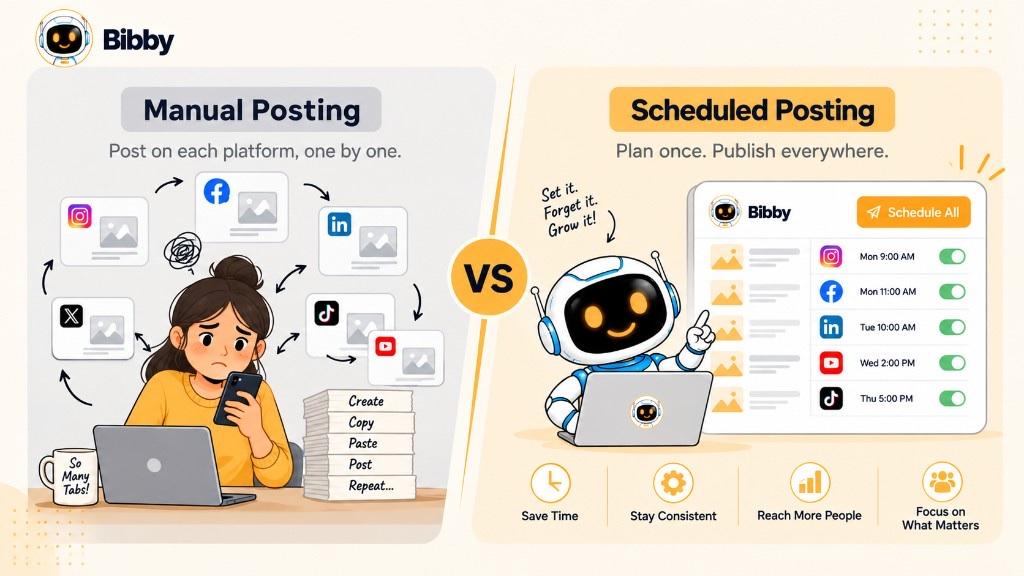 Infographic titled Manual Posting vs. Scheduled Posting: a person juggling Instagram, Facebook, LinkedIn, X, TikTok, and YouTube windows versus a robot scheduling Facebook, Instagram, LinkedIn, YouTube, and TikTok from one list.