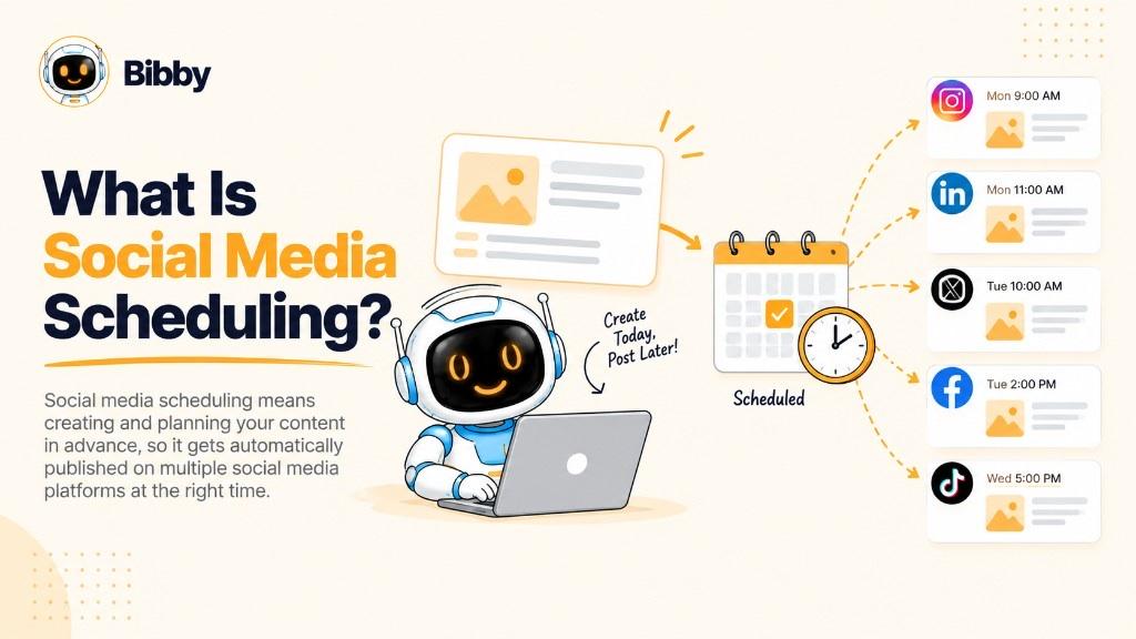 Infographic titled What Is Social Media Scheduling?: a robot at a laptop creating a post, a calendar labeled Scheduled, and queued cards for Instagram, LinkedIn, X, Facebook, and TikTok at different times.