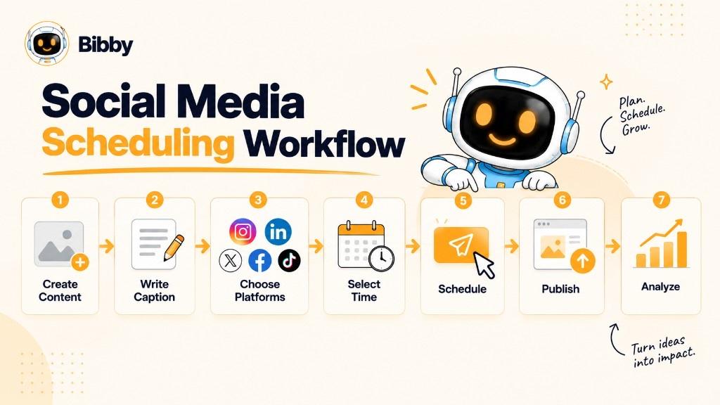 Infographic titled Social Media Scheduling Workflow: seven steps—create content, write caption, choose platforms, select time, schedule, publish, and analyze—with Instagram, LinkedIn, X, Facebook, and TikTok icons.