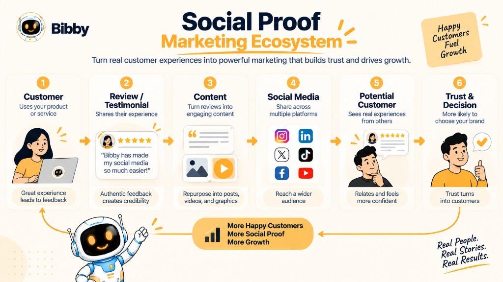 Infographic titled Social Proof Marketing Ecosystem: six steps from a customer experience and review, to content, sharing on social platforms, a potential customer, and a trust decision.