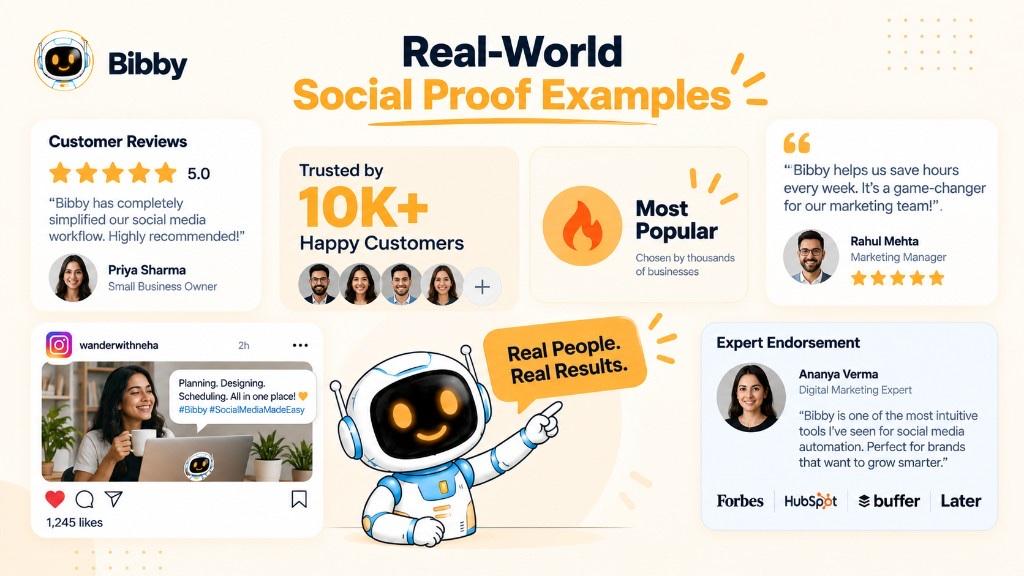 Infographic titled Real-world Social Proof Examples: sample reviews, a 10K+ customers badge, a most-popular label, a quote, an Instagram-style post, and an expert card with third-party logos.