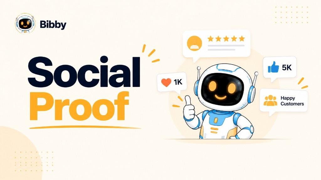 Bibby robot giving a thumbs-up beside speech bubbles for ratings, likes, and happy customers. Illustration of social-proof signals—not Bibby analytics, review collection, or guaranteed engagement.