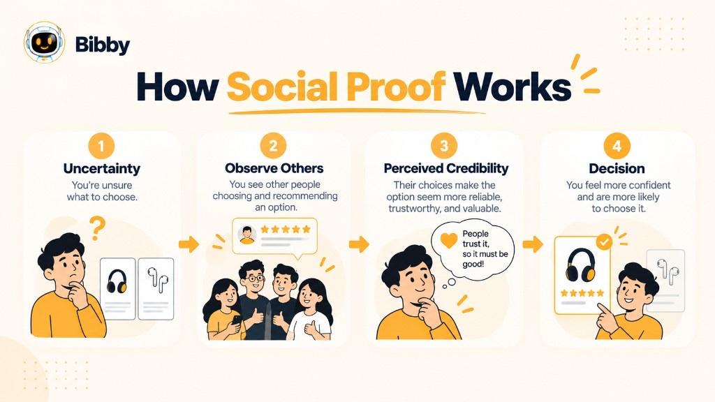 Infographic titled How Social Proof Works: four steps from uncertainty, observing others, perceived credibility, to a more confident decision.