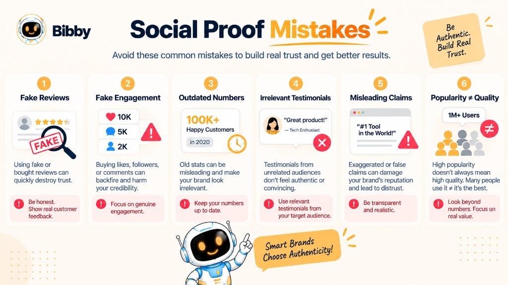 Infographic titled Social Proof Mistakes: fake reviews, fake engagement, outdated numbers, irrelevant testimonials, misleading claims, and treating popularity as quality.